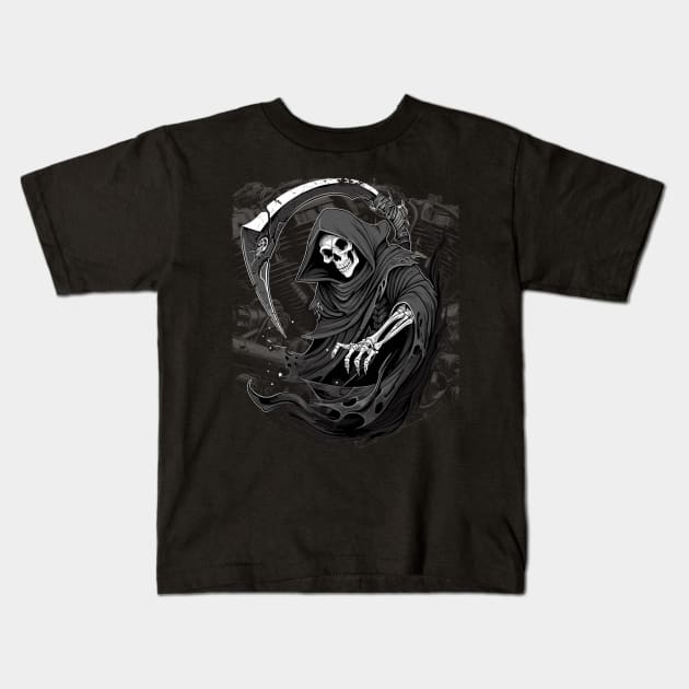 Grim Reaper / Death Motorbike Motorcycle Biker Kids T-Shirt by RuftupDesigns